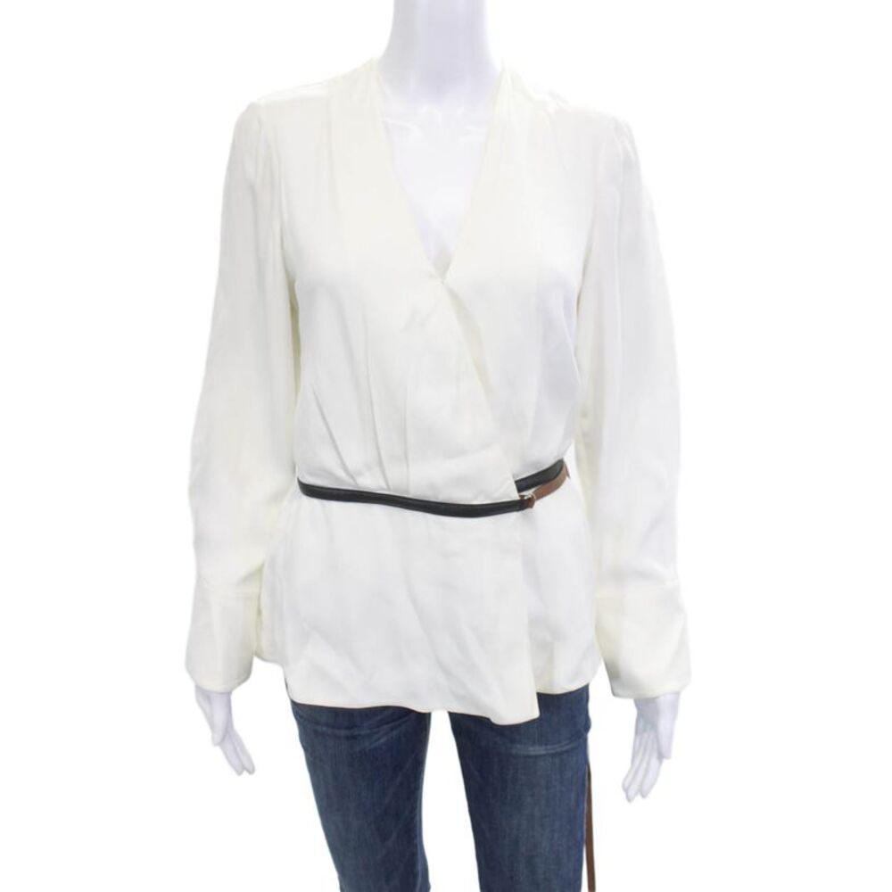 Altuzarra Women V-Neck White Polyester Blend Long Sleeve Blouse Buckle Size 36